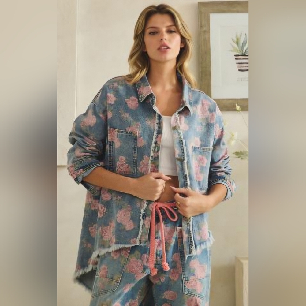 #1457 Oli & Hali Blush Garden Floral Denim Shacket